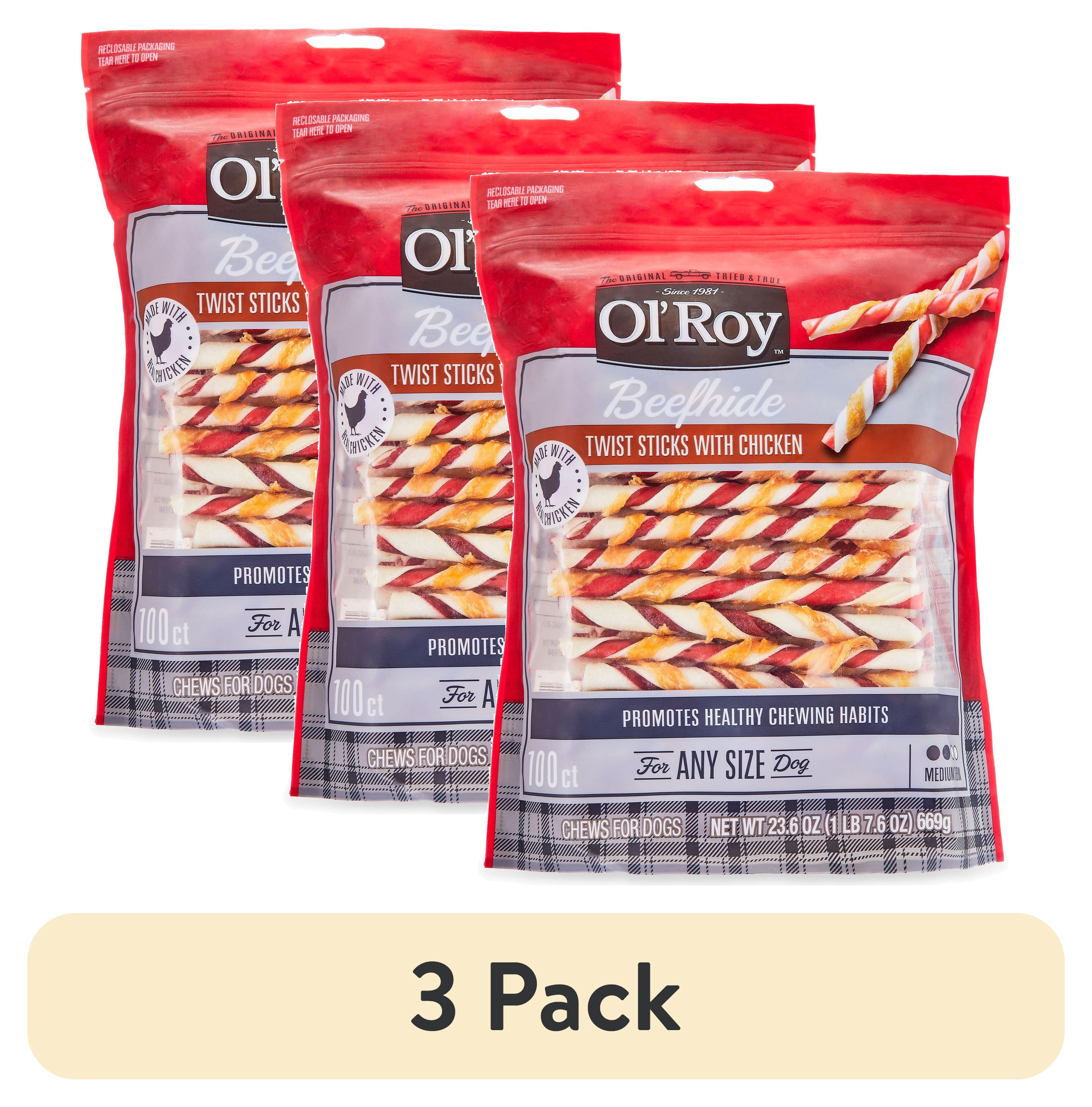 (3 pack) Ol' Roy Rawhide Chicken Sticks, Dog Treats, Beef hide Twists Chicken Flavor 23.6 oz, 5 Inch, 100 Count