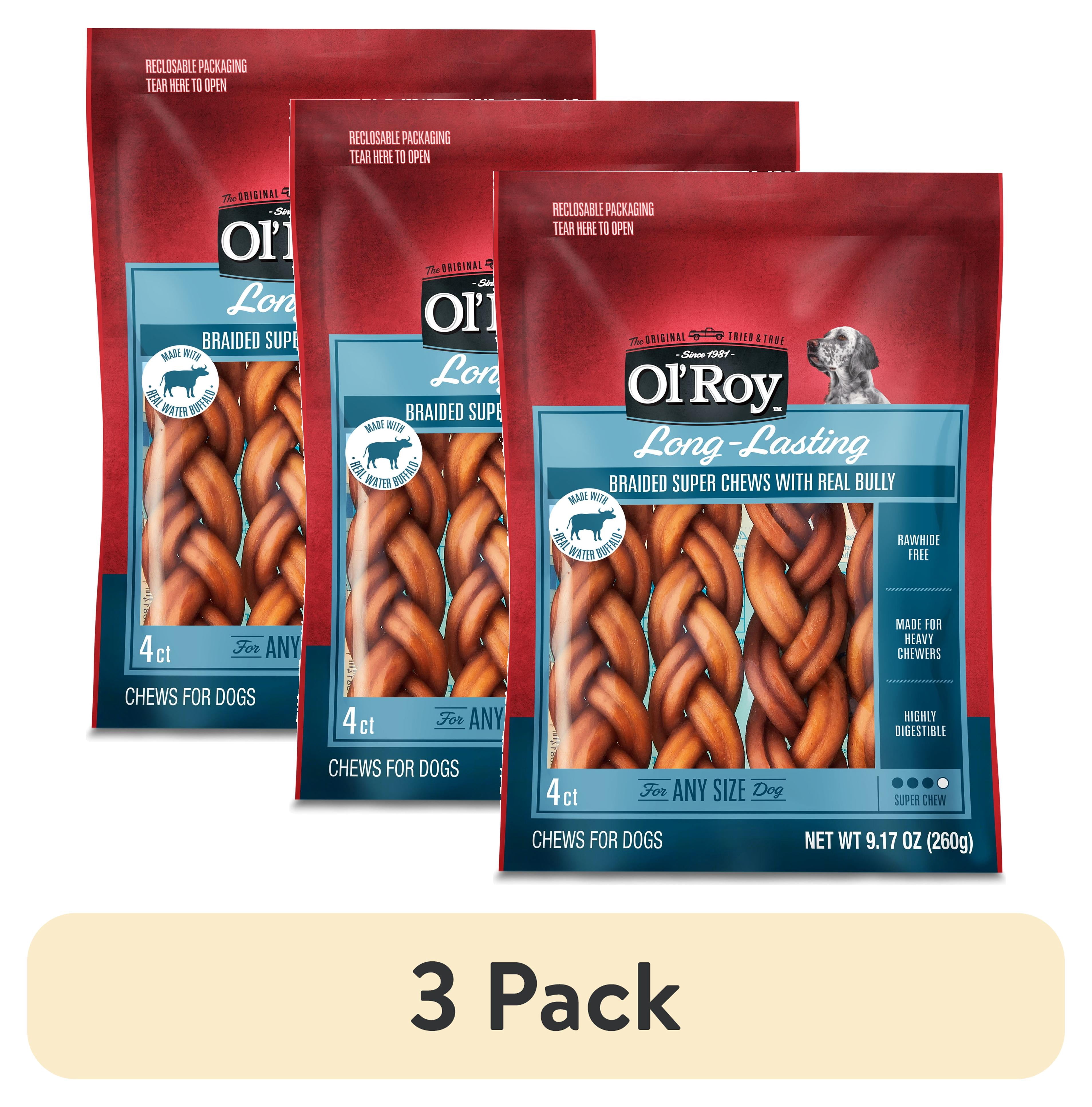 (3 pack) Ol' Roy Rawhide Free Braided Bully Alternative for Dogs, 9.17 oz, 4 Count