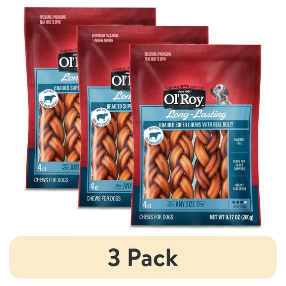 (3 pack) Ol' Roy Rawhide Free Braided Bully Alternative for Dogs, 9.17 oz, 4 Count