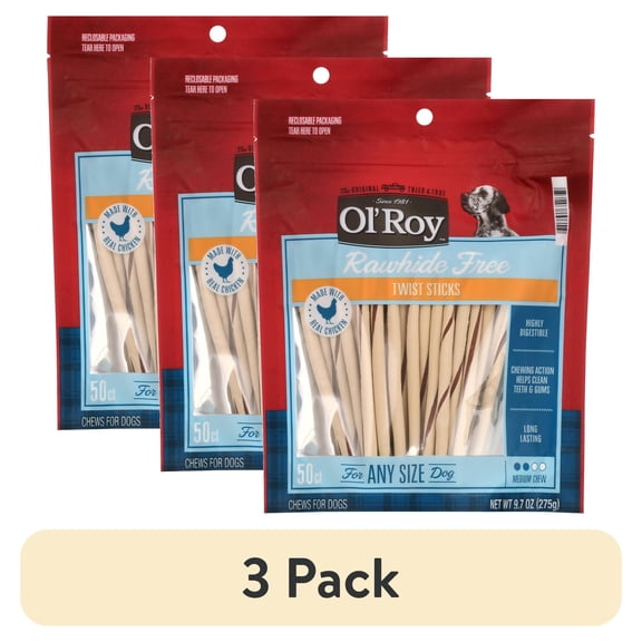 (3 pack) Ol' Roy Rawhide Free Chicken Twist Sticks for Dogs, 9.7 oz Bag, 50 Treats