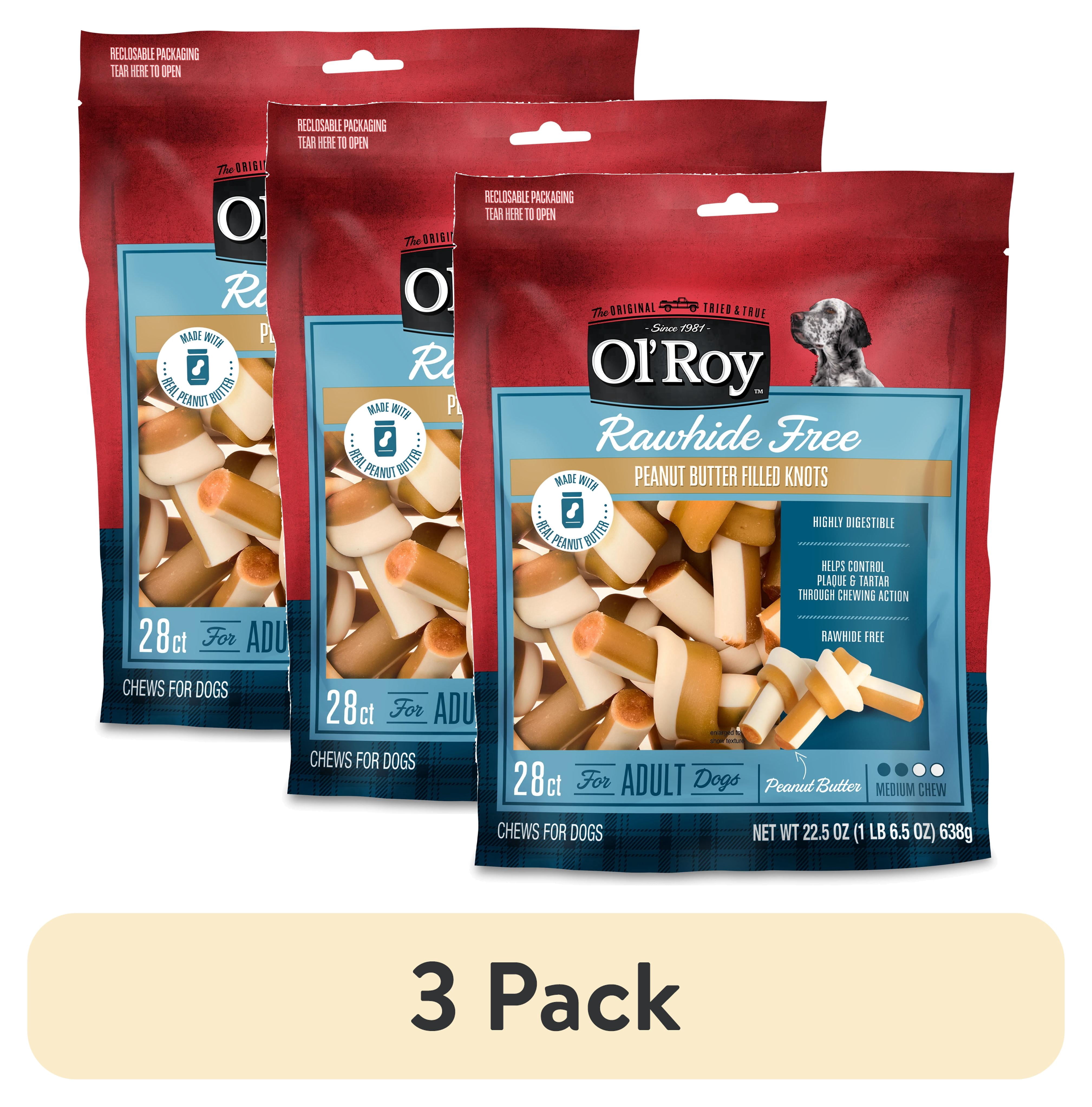 (3 pack) Ol' Roy Rawhide Free Peanut Butter Filled Knots, 22.5 oz Bag, 28 Count