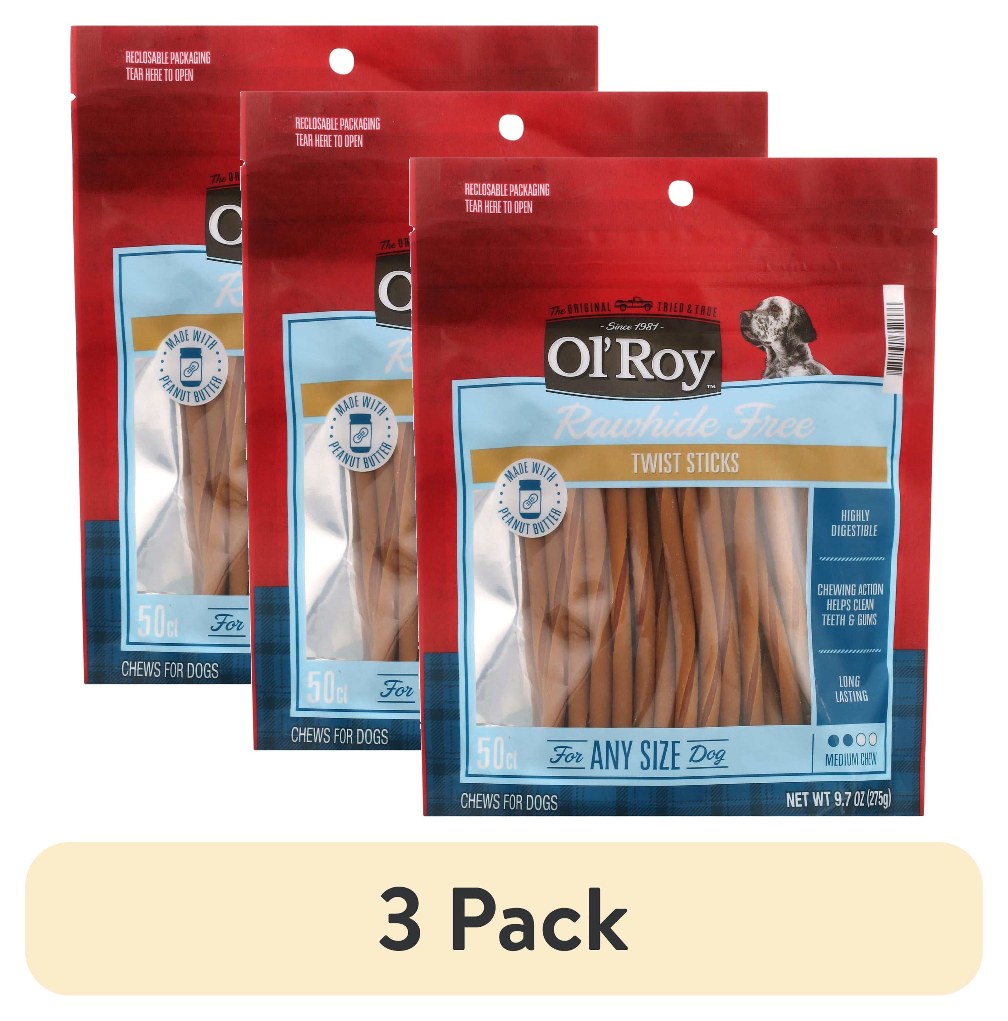 (3 pack) Ol' Roy Rawhide Free Peanut Butter Twist Sticks for Dogs, 9.7 oz. Bag, 50 Treats