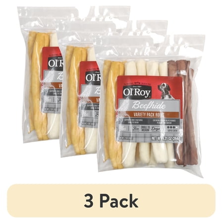 (3 pack) Ol' Roy Rawhide Rolls, Variety Pack, Chews for Dogs, 9.31 oz, 16 Count