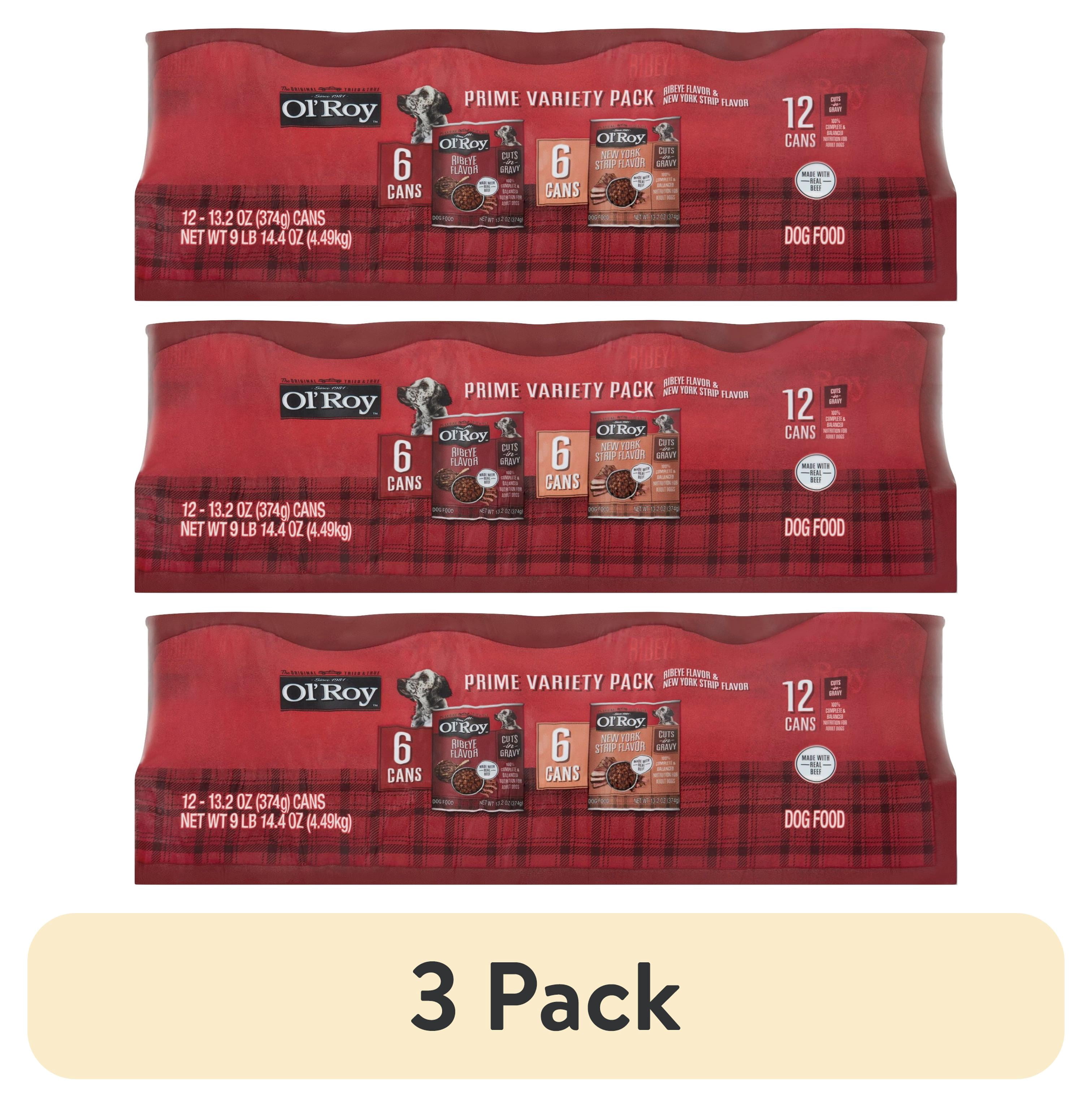 (3 pack) Ol' Roy Ribeye Flavor and New York Strip Flavor Cuts in Gravy Wet Dog Food Prime Variety Pack, 13.2 oz Cans, 12 Pack