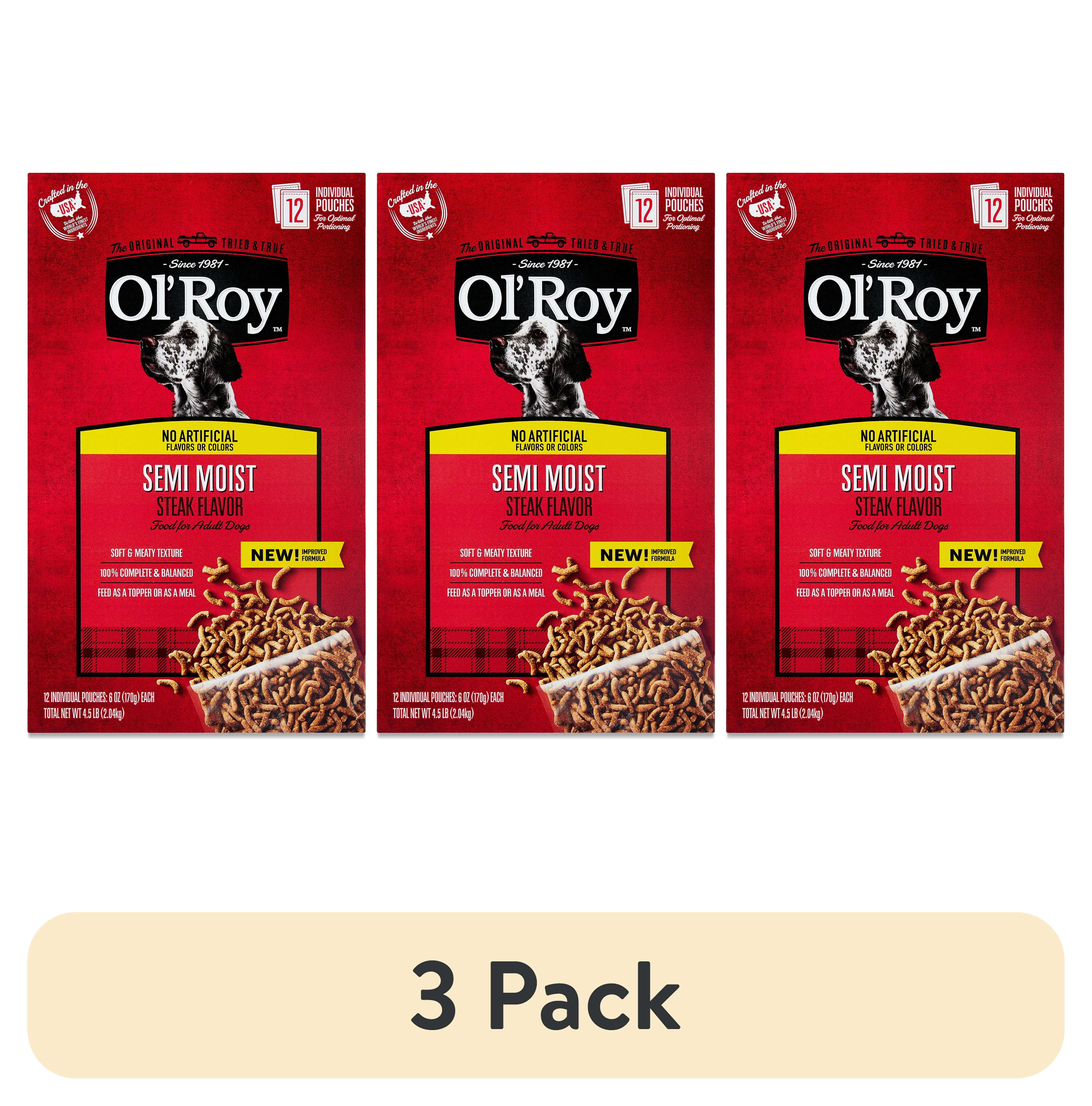 (3 pack) Ol' Roy Semi Moist Steak Flavor Dog Food, 4.5 lb, 12 Pouches