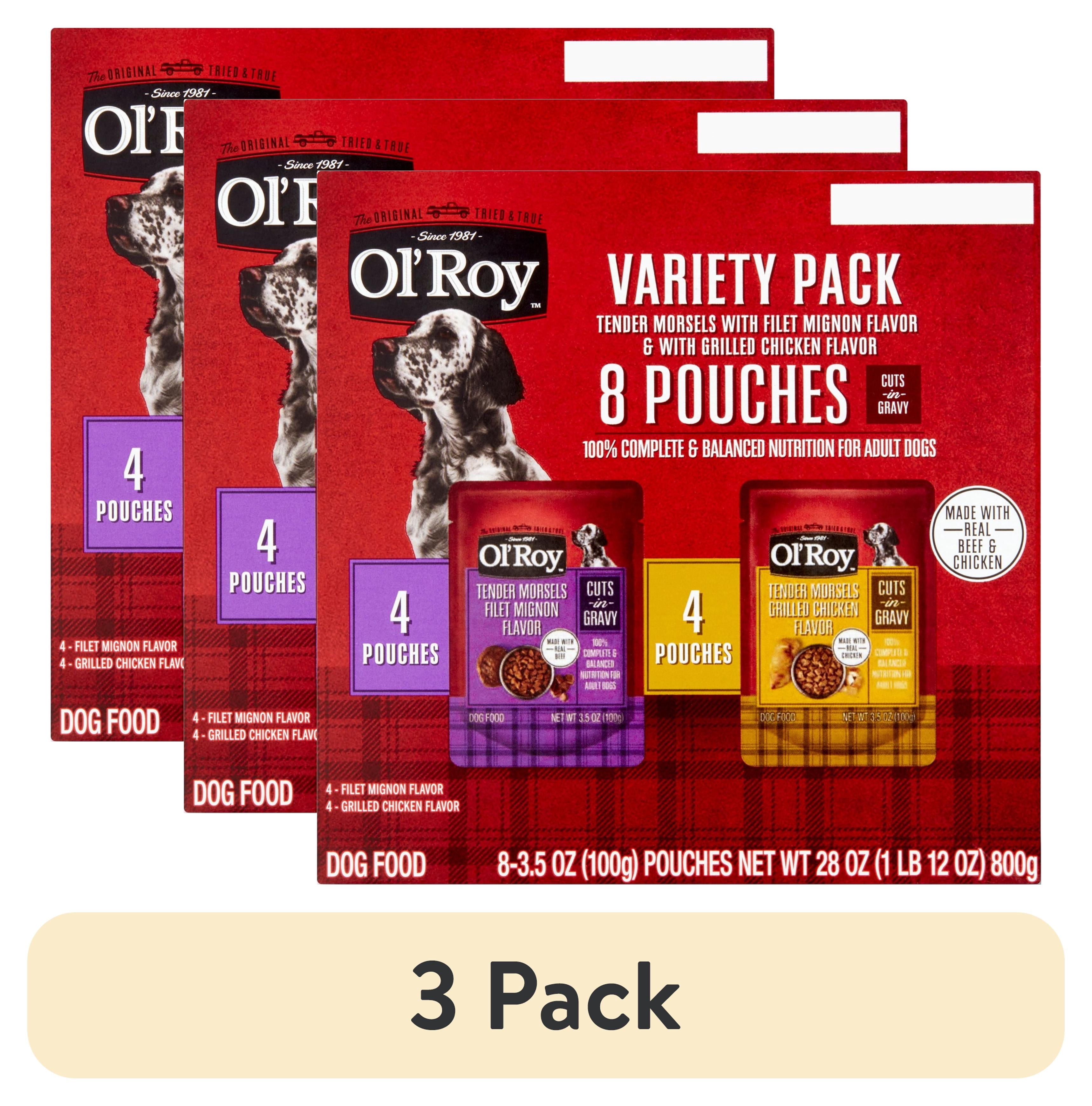 (3 pack) Ol' Roy Tender Morsels Filet Mignon and Grilled Chicken Cuts in Gravy Variety Pack, 3.5 oz Pouches, 8 Pack
