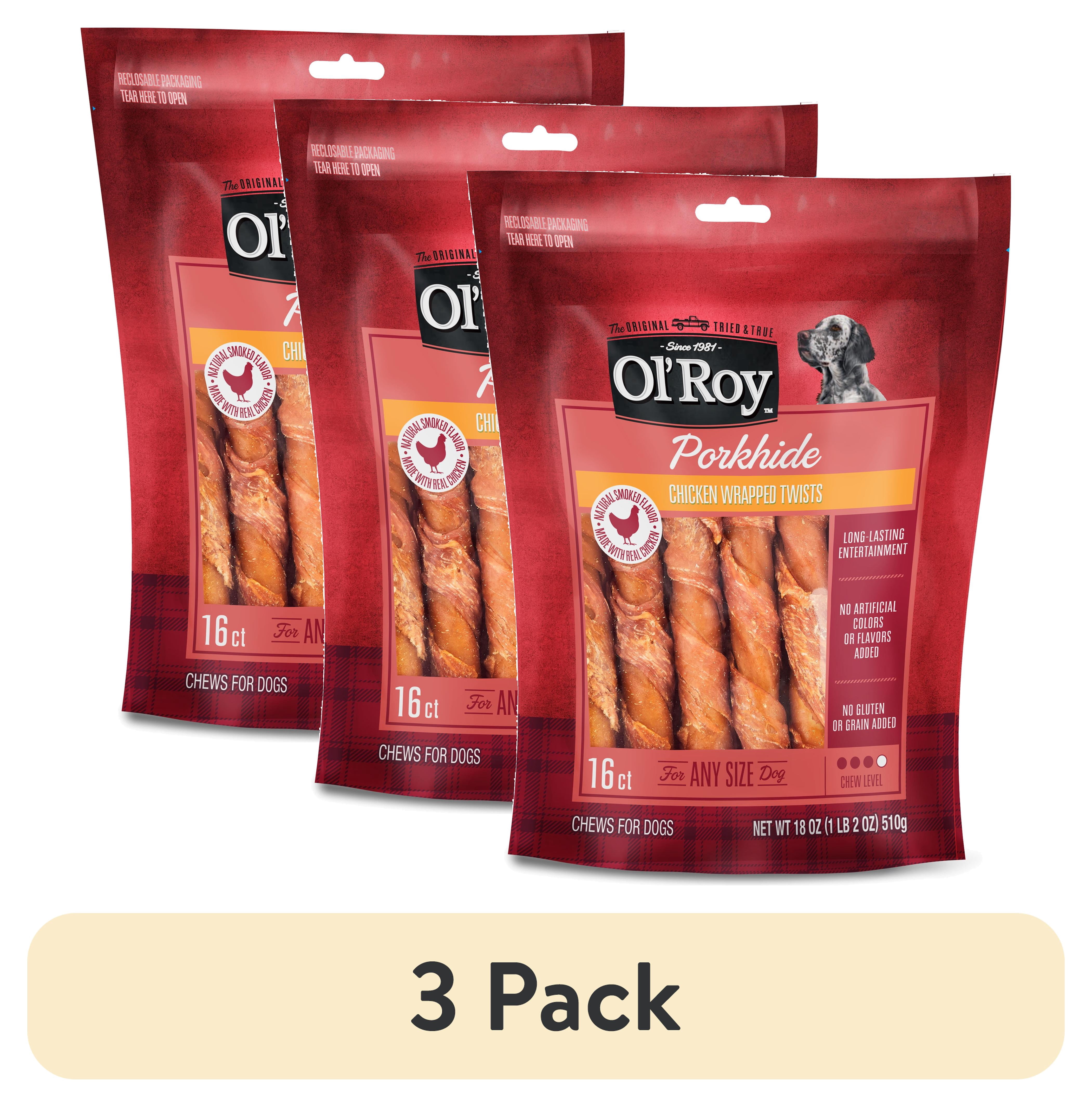 (3 pack) Ol' Roy Wrapped Pork hide Twists with Chicken Dog Treats, 18 oz, 16 Count