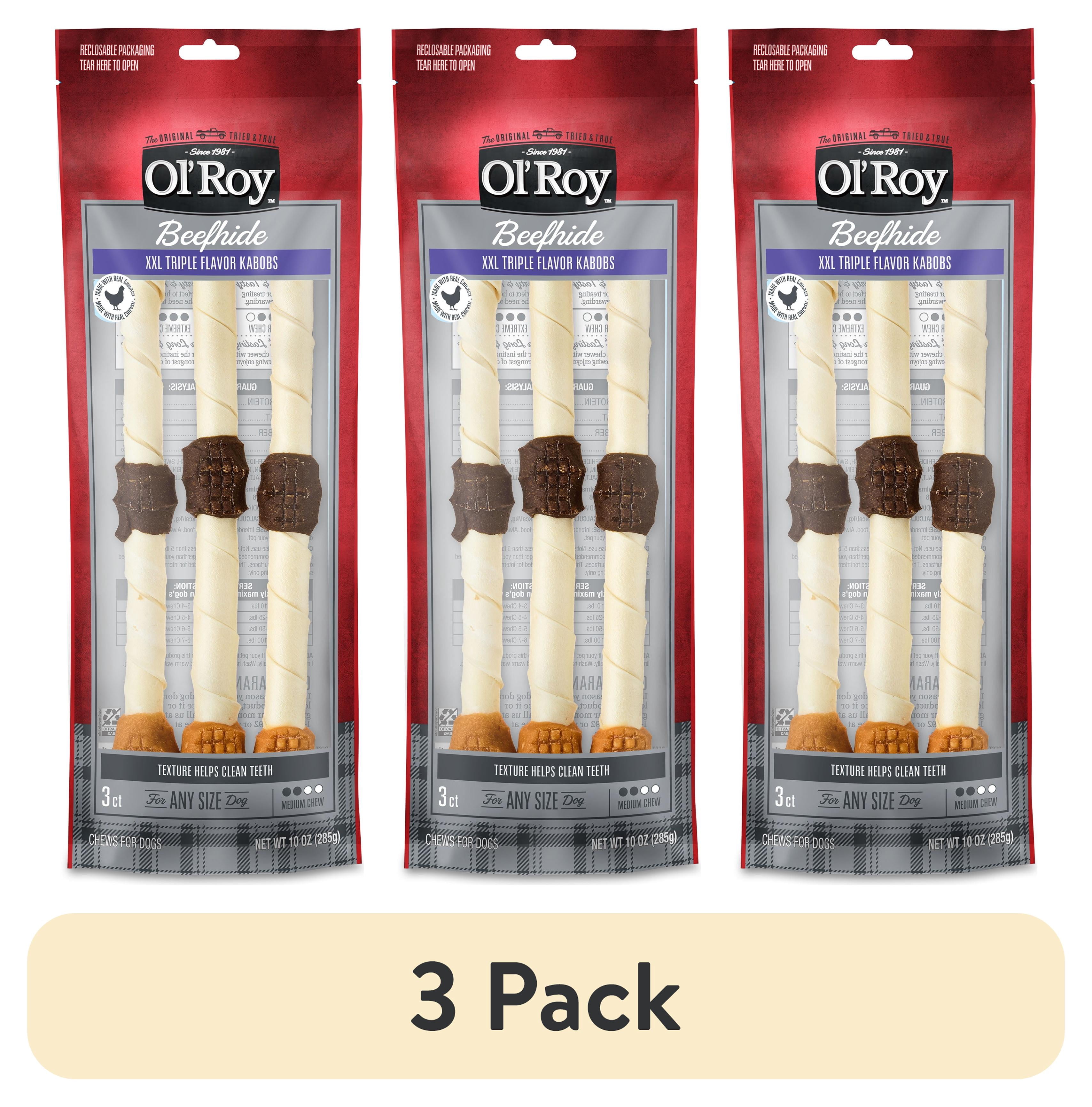 (3 pack) Ol' Roy XXL Triple Flavor Kabobs Beef hide Dog Treats, 10 oz, 3 Count