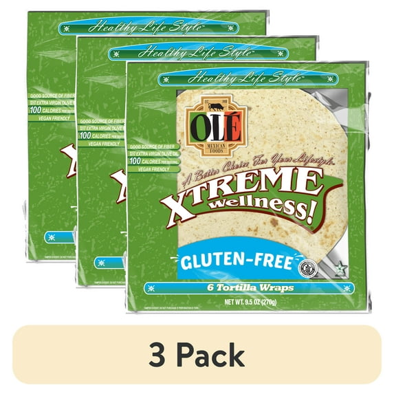 (3 pack) Ole Xtreme Wellness Gluten Free Soft Taco Flour Tortilla Wraps, 9.5 oz, 6 Count