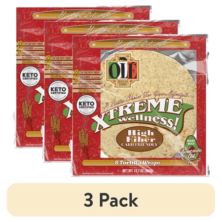 (3 pack) Olé Mexican Foods Xtreme Wellness High Fiber Keto Certified Flour Tortilla Wraps, 12.7 oz, 8 Count