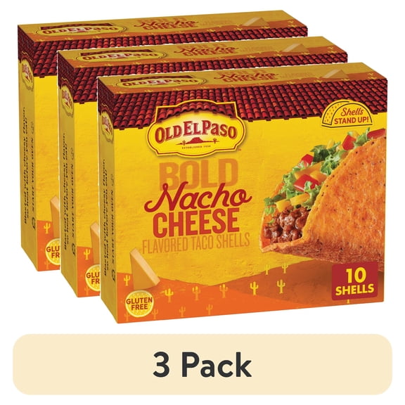 (3 pack) Old El Paso Stand 'N Stuff Bold Nacho Cheese Flavored Taco Shells, 10 Count, 5.4 oz