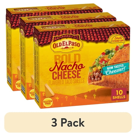 (3 pack) Old El Paso Stand 'N Stuff Bold Nacho Cheese Flavored Taco Shells, 10 Count, 5.4 oz