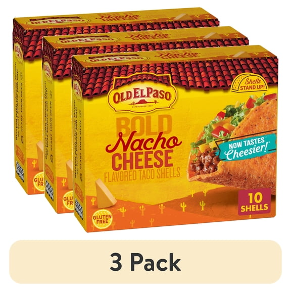 (3 pack) Old El Paso Stand 'N Stuff Bold Nacho Cheese Flavored Taco Shells, 10 Count, 5.4 oz