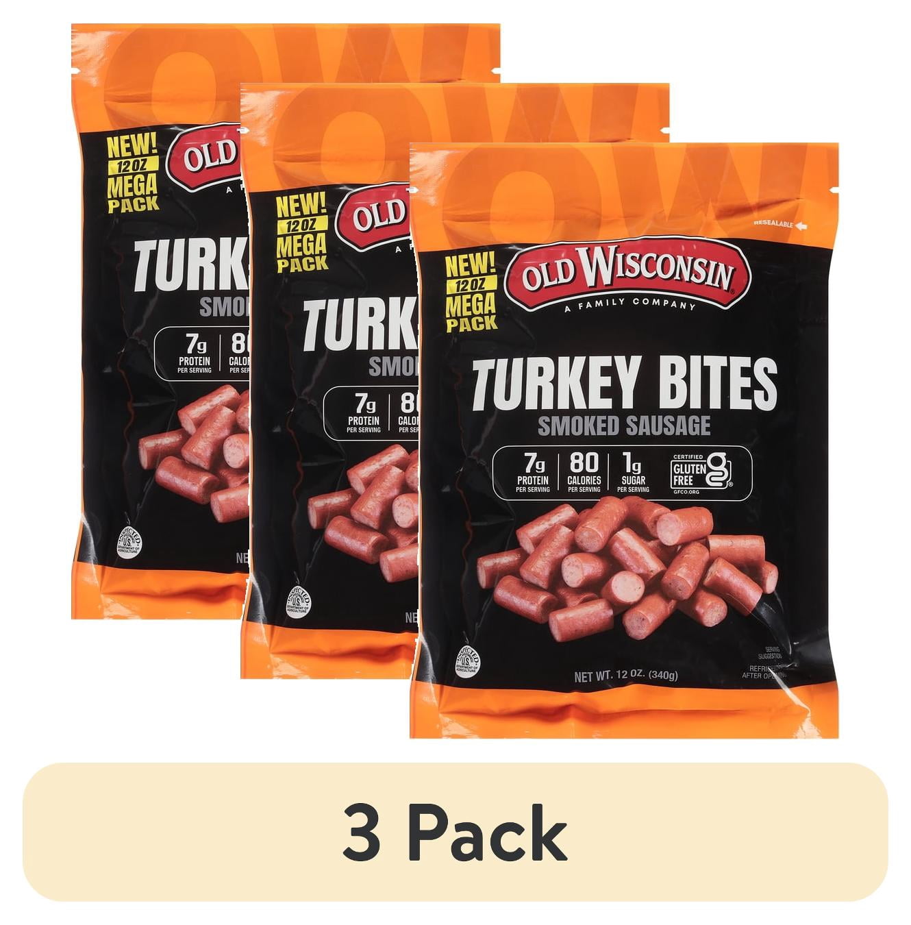 (3 pack) Old Wisconsin Gluten Free Fully Cooked Smoked Turkey Sausage Bites, 12Oz Resealable Plastic Pouch