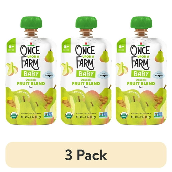 (3 pack) Once Upon a Farm Organic Refrigerated Baby Food Fruit & Veggie Blend Pear with Ginger, 3.2oz Pouch