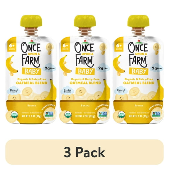 (3 pack) Once Upon a Farm Organic Refrigerated Baby Food Oatmeal Banana, 3.2oz Pouch