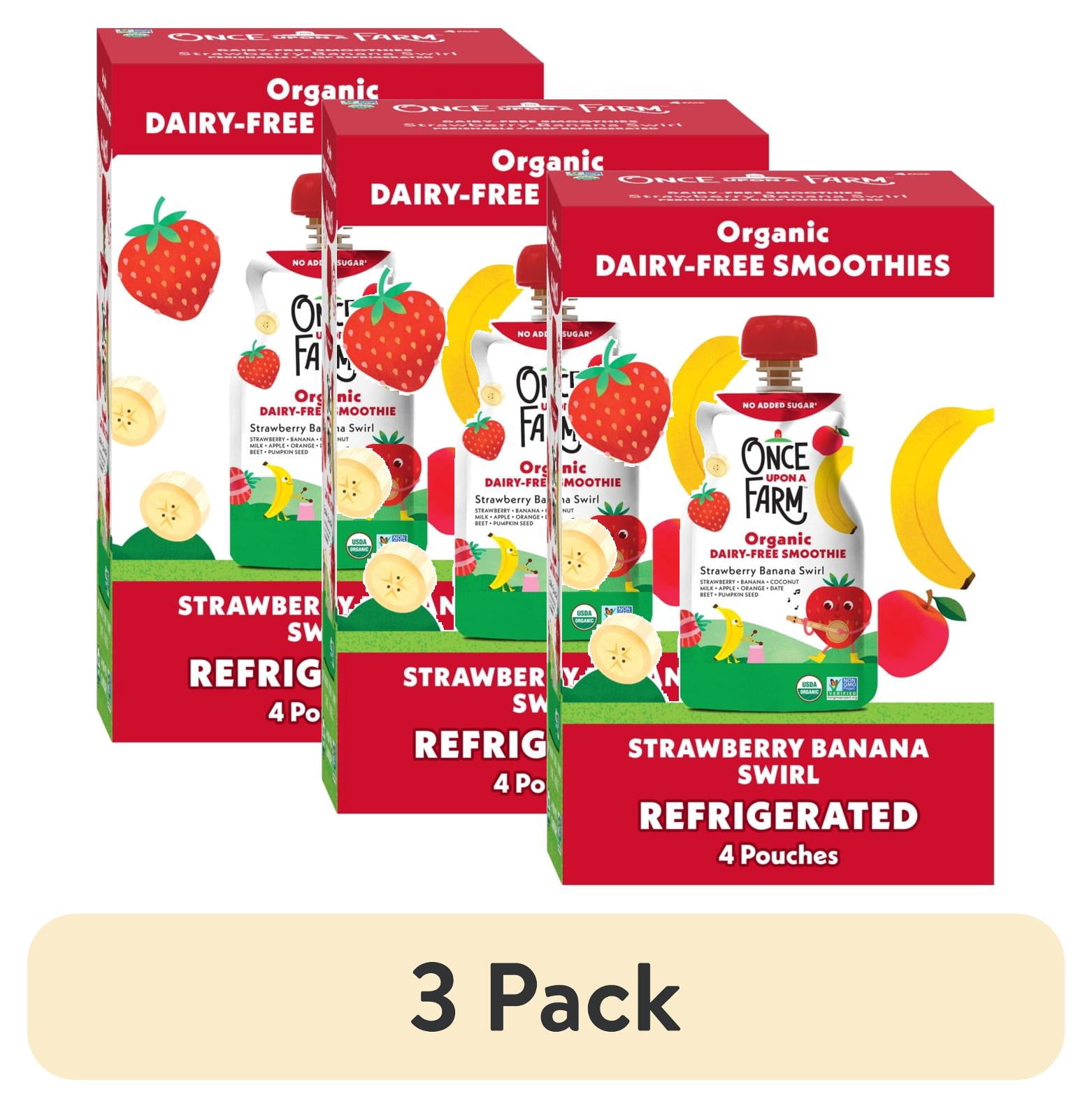 (3 pack) Once Upon a Farm Organic Refrigerated Kids' Snack Strawberry Banana Swirl Dairy-Free Smoothie, 4oz Pouch (4 Pack)
