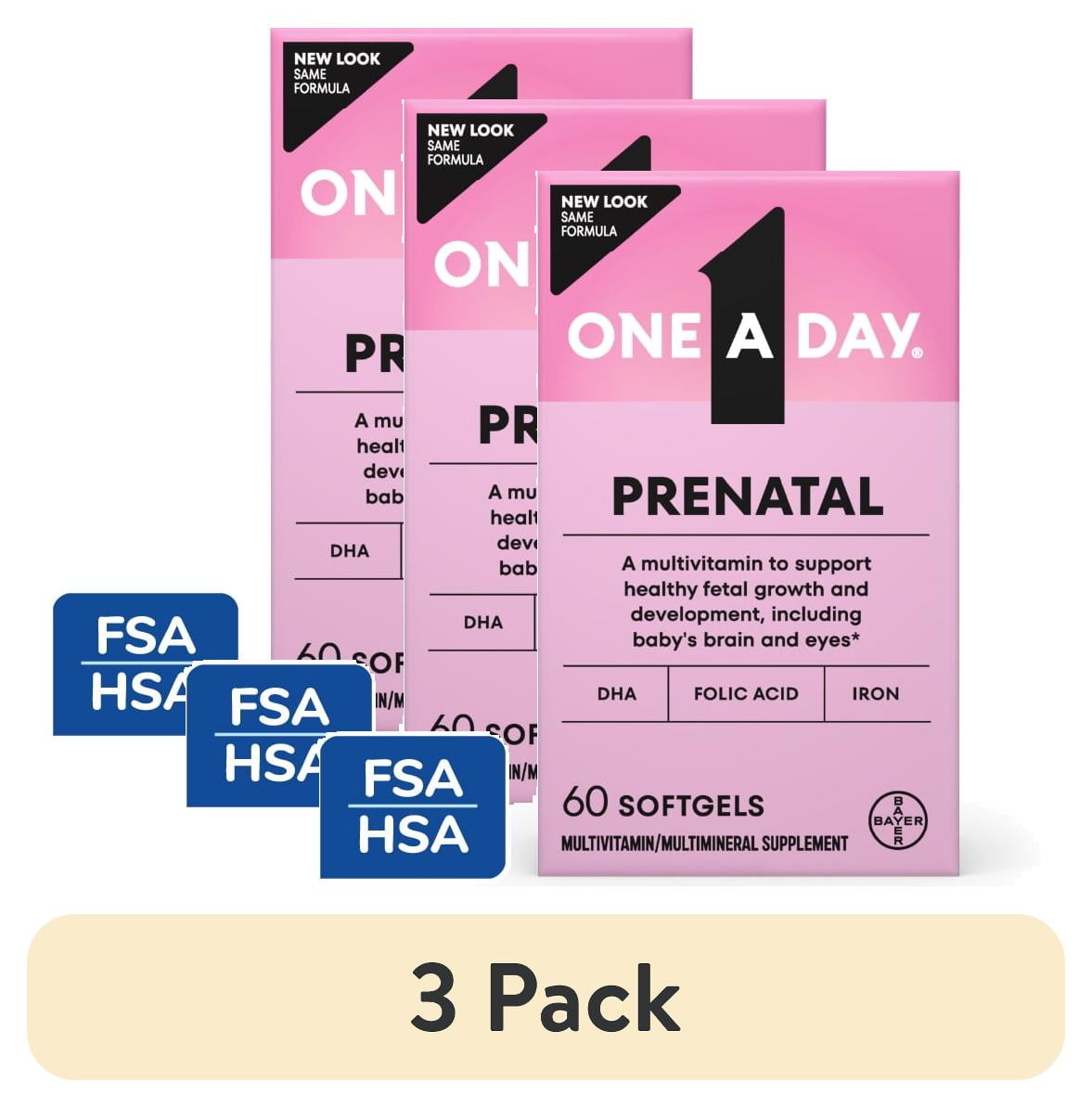(3 pack) One A Day Women's Prenatal Multivitamin with Folic Acid, DHA and Iron, 60 Ct