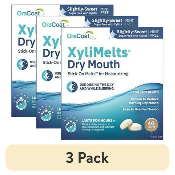 (3 pack) OraCoat XyliMelts Dry Mouth Relief Moisturizing Oral Adhering Discs 40 Count, Slightly Sweet with Xylitol, for Dry Mouth, Stimulates Saliva, Non-Acidic