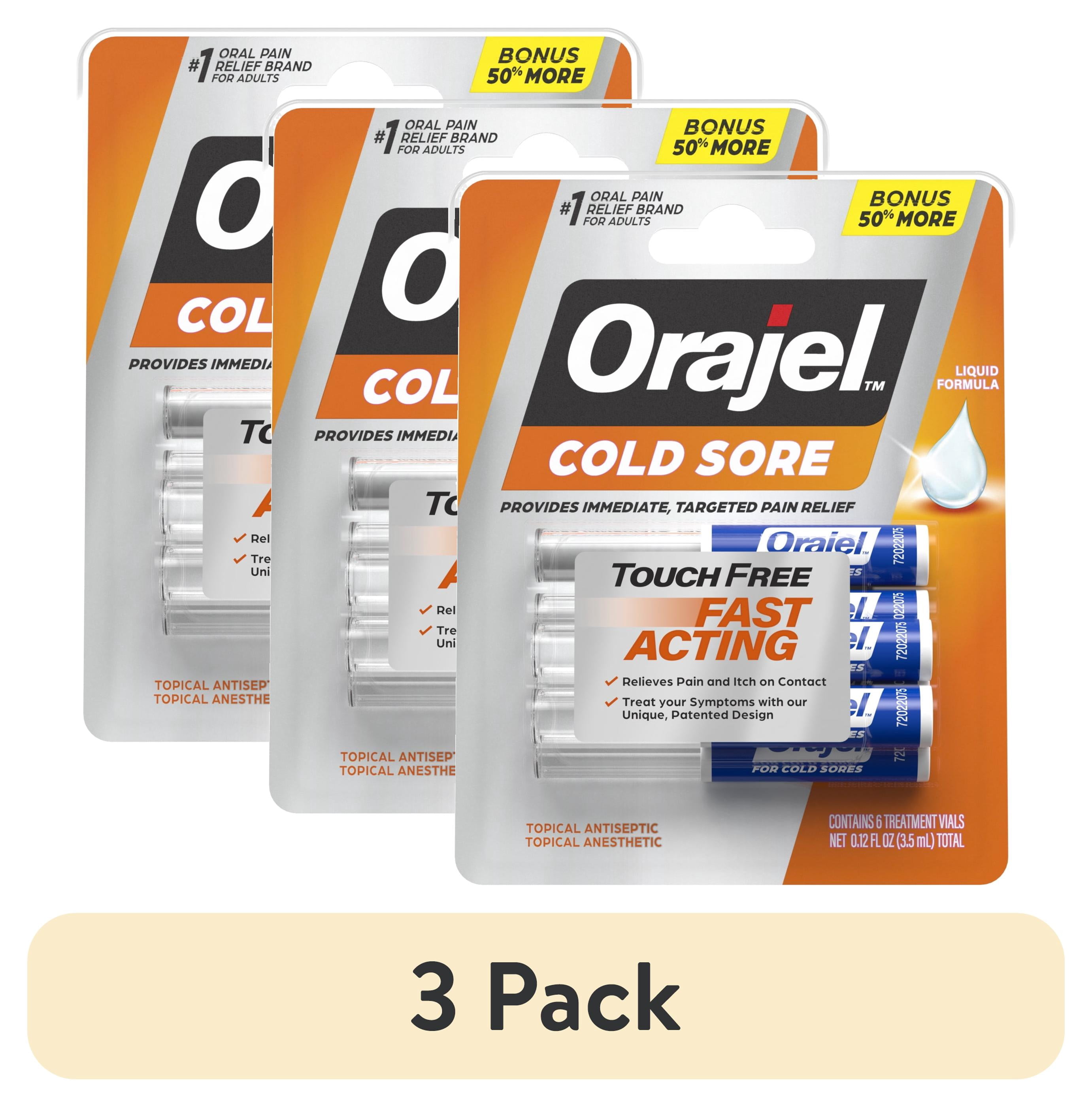 (3 pack) Orajel Touch Free Cold Sore Treatment .12oz, Liquid Formula, Provides Immediate & Targeted Pain Relief, Bonus Size, 6 Applicators