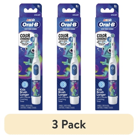 (3 pack) Oral-B Battery Powered Kids Toothbrush with Color Changing Compact Bristles, Ages 3+