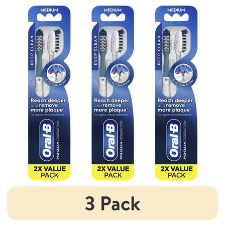 (3 pack) Oral-B Toothbrush Pro Clean Cross Action, Deep Plaque Removal, Medium, 2 Count