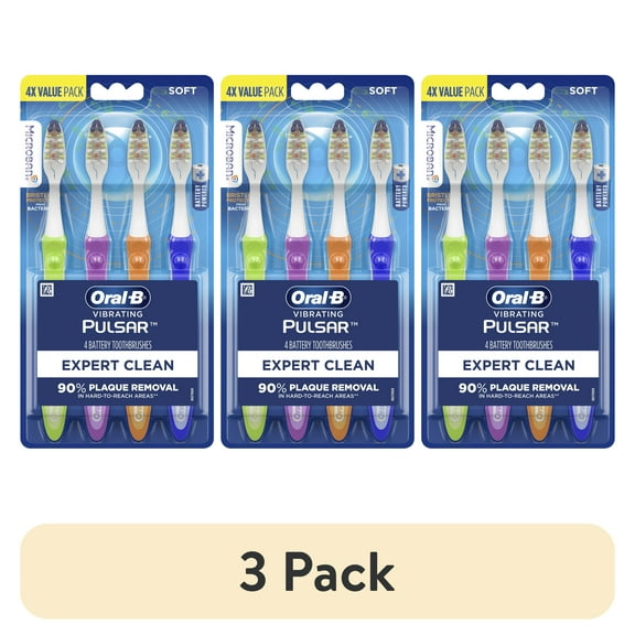 (3 pack) Oral-B Toothbrush, Vibrating Pulsar Expert Clean Battery Toothbrush Pack, Soft, 4 Count, Adults and Children 3+