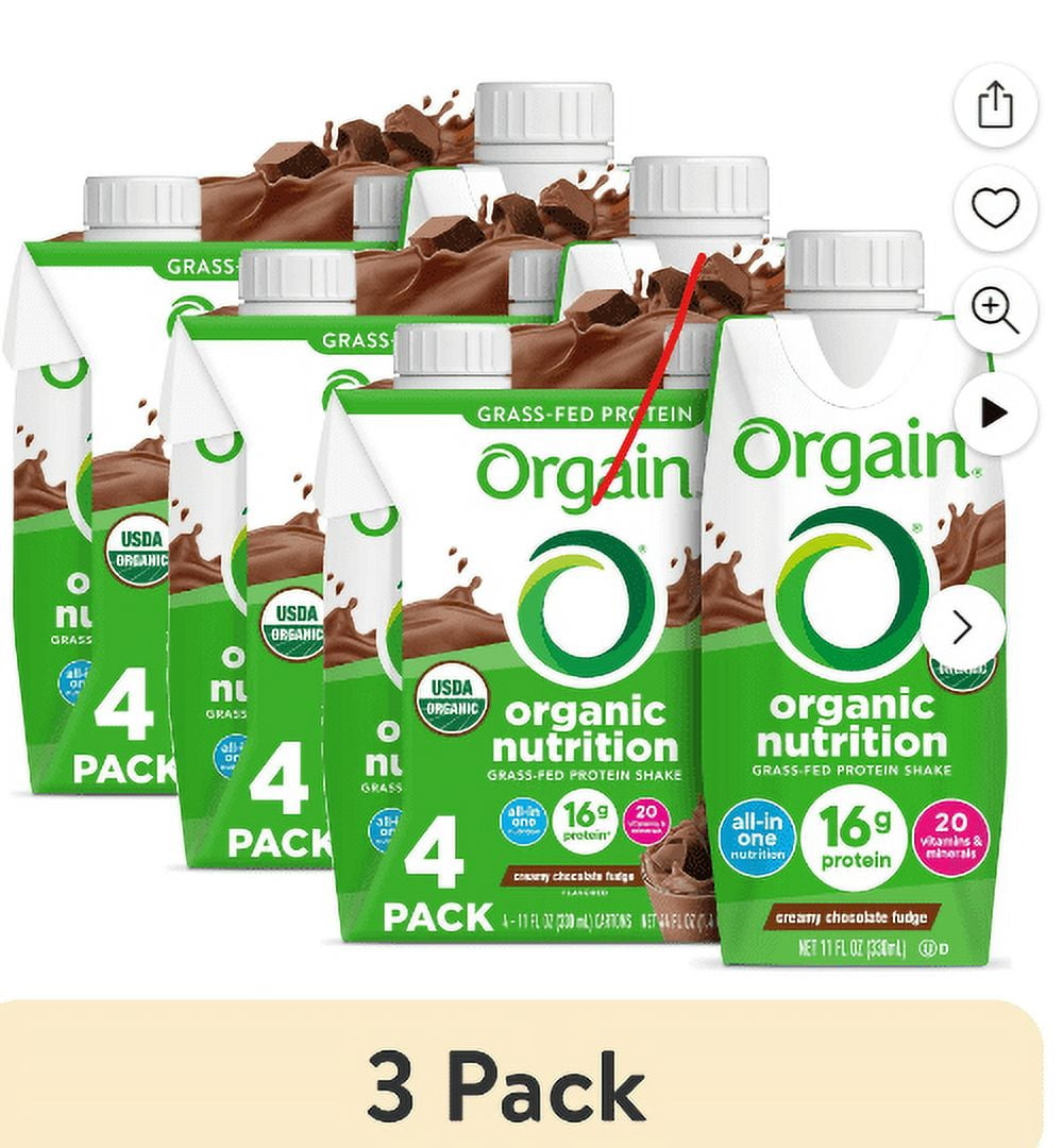 (3 pack) Orgain Organic Nutritional 16g Grass Fed Protein Shake Drink, Creamy Chocolate Fudge 11oz, 4ct
