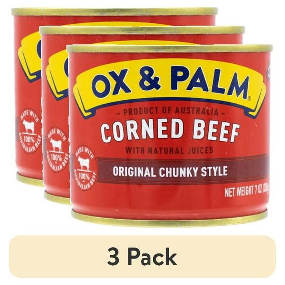 (3 pack) Ox & Palm Corned Beef Original Chunky Style, 7 oz Can
