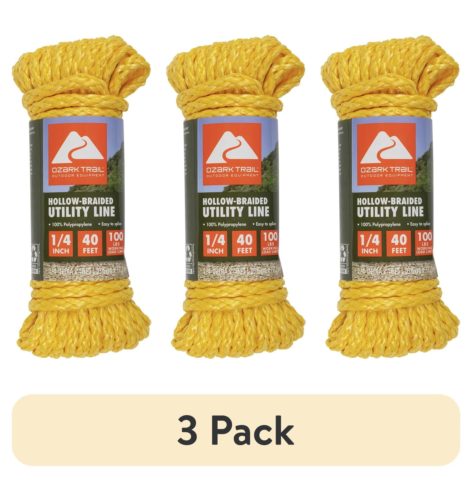 (3 pack) Ozark Trail Hollow-Braided Polypropylene Utility Line, 1/4 in x 40 ft, 100 lb Maximum Working Load, Yellow