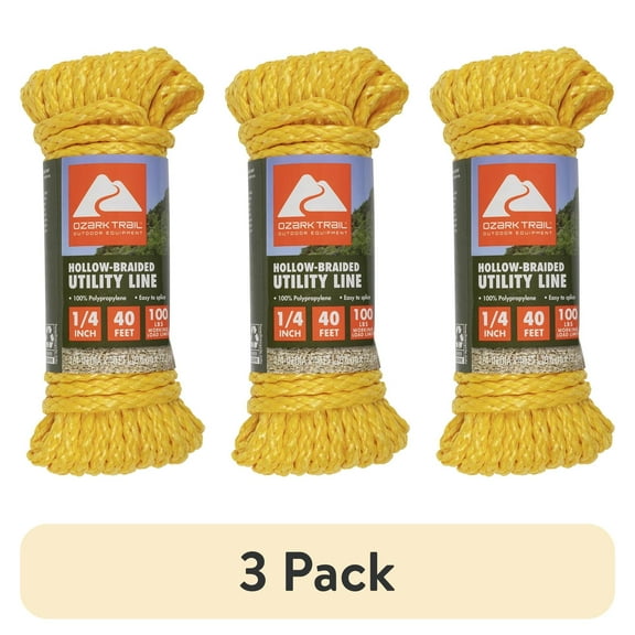 (3 pack) Ozark Trail 1/4"x40' Polypropylene Marine/Boating Hollow-Braided Utility Line. 40 Foot Length.