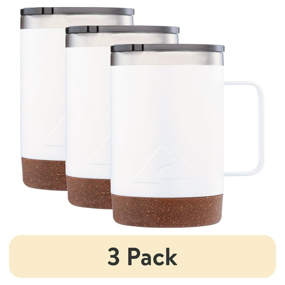 (3 pack) Ozark Trail 16 oz Insulated Stainless Steel Coffee Mug Tumbler with Cork Bottom, White