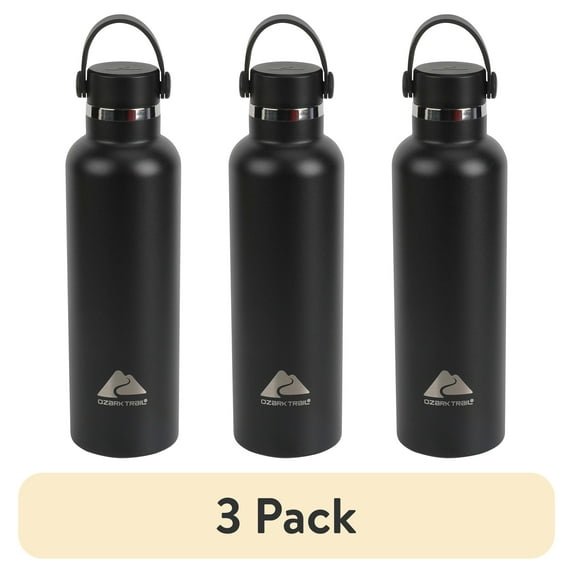 (3 pack) Ozark Trail 24 oz Stainless Steel Water Bottle, Black, Loop Carry Handle