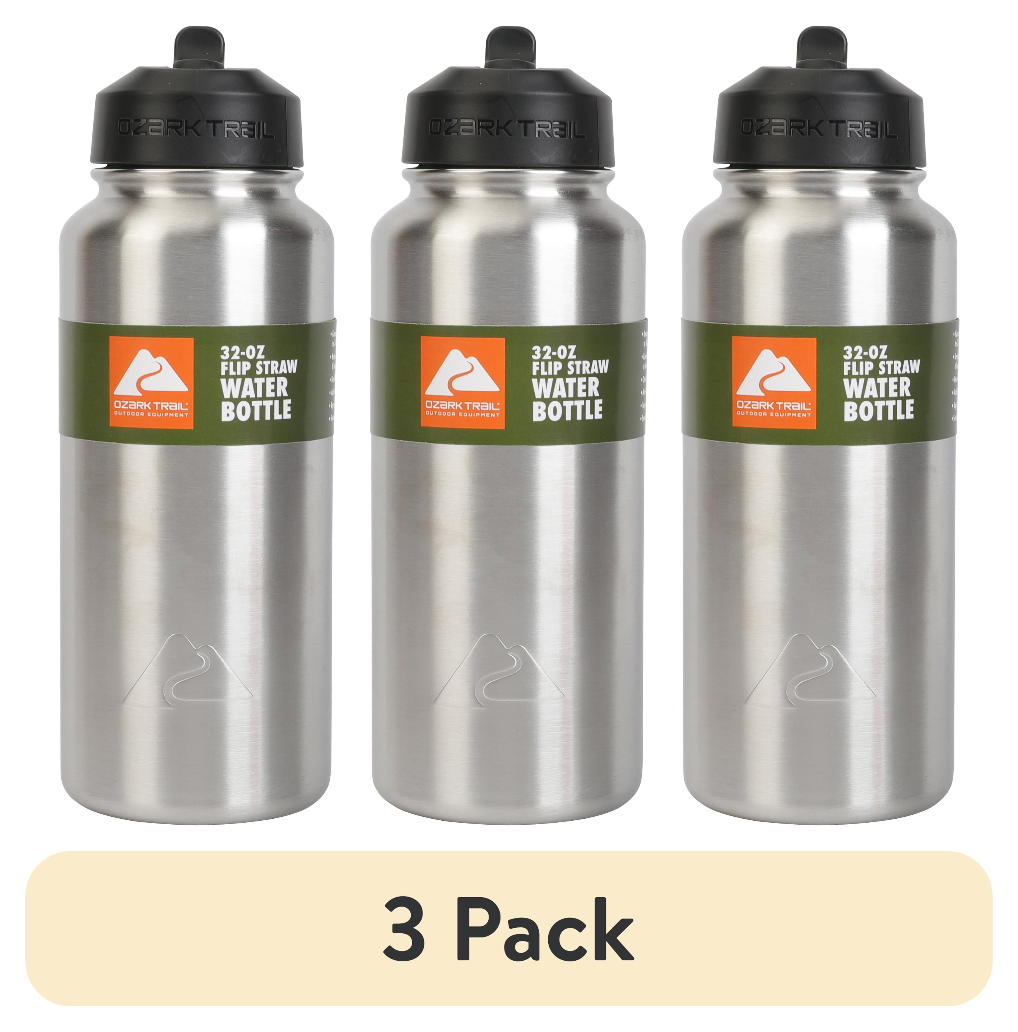 (3 pack) Ozark Trail 32 oz Insulated Stainless Steel Wide Mouth Water Bottle, Silver, Flip Lid with Loop Handle