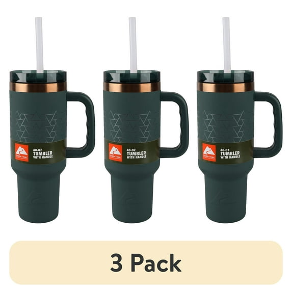 (3 pack) Ozark Trail 40 oz Insulated Stainless Steel Tumbler with Handle, Dark Green