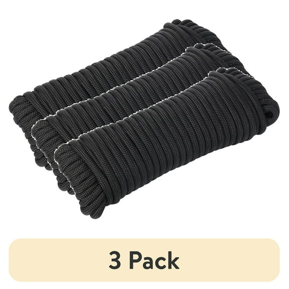 (3 pack) Ozark Trail 1100 lb Polyester Paracord Rope, Black, 50'