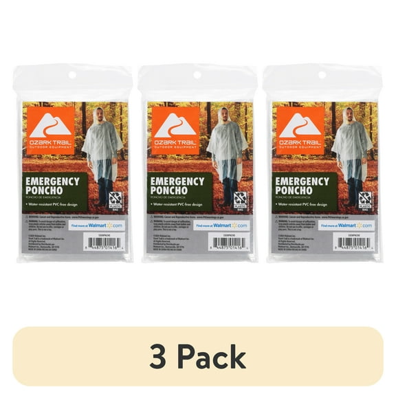 (3 pack) Ozark Trail Clear Emergency Poncho - 1 Pack