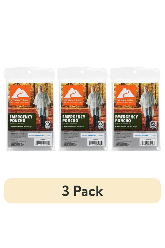 (3 pack) Ozark Trail Clear Emergency Poncho - 1 Pack