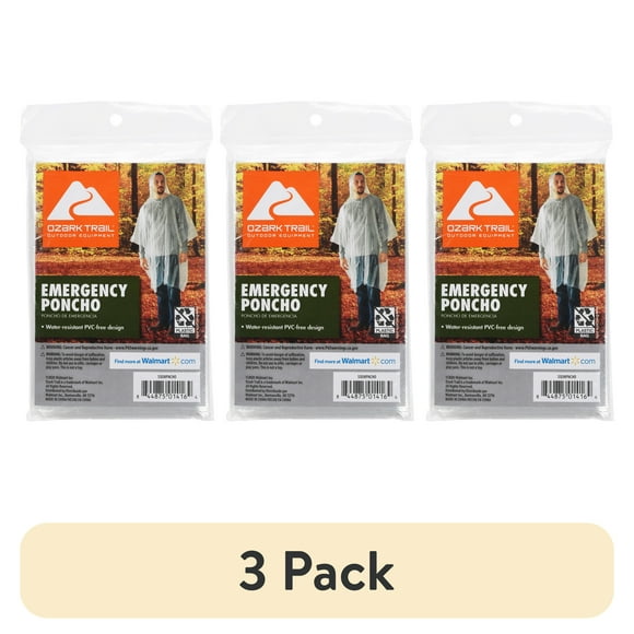 (3 pack) Ozark Trail Clear Emergency Poncho - 1 Pack