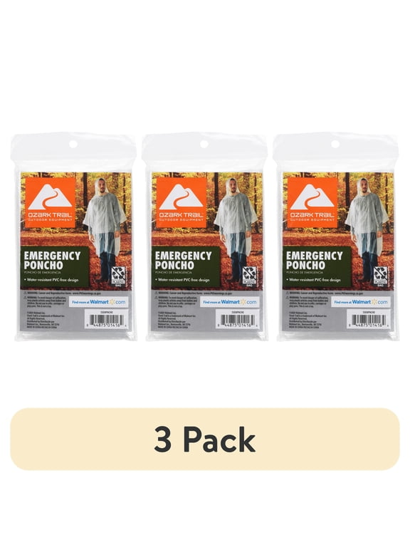 (3 pack) Ozark Trail Clear Emergency Poncho, Single Pack