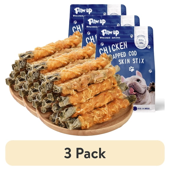(3 pack) PAWUP Chicken Wrapped Cod Skin Dog Treat, Rawhide Free Dog Chews Long Lasting, High Protein Dog Treats for Small Medium Large Dogs, 10.6oz