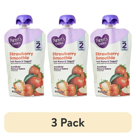 (3 pack) Parent's Choice Stage 2 Baby Food Strawberry Smoothie, 4 oz Pouch