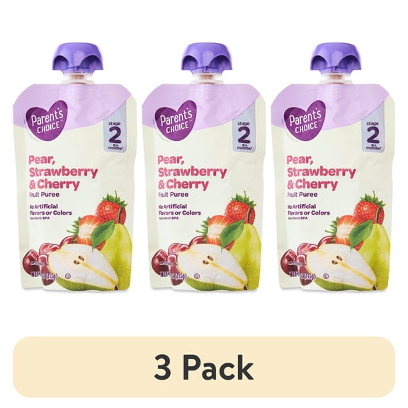 (3 pack) Parent's Choice Stage 2 Baby Food Pear, Strawberry & Cherry Fruit Puree, 4 oz Pouch