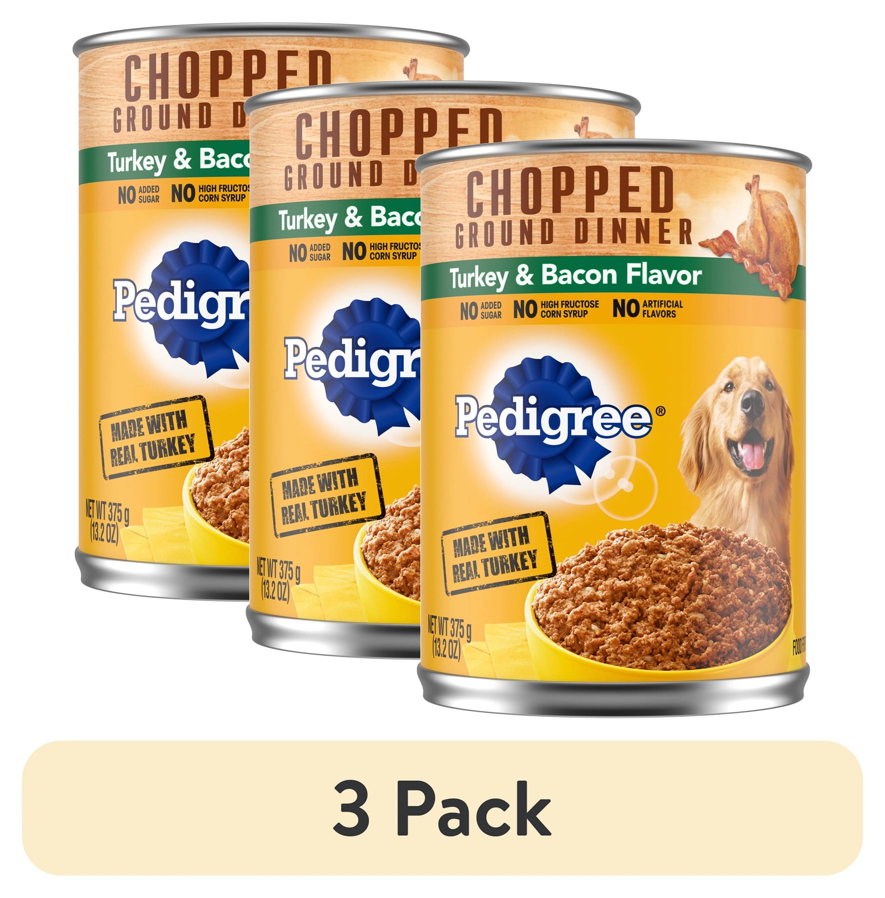 (3 pack) Pedigree Chopped Ground Dinner Turkey & Bacon Flavor Adult Soft Wet Dog Food, (12) 13.2 Oz Cans