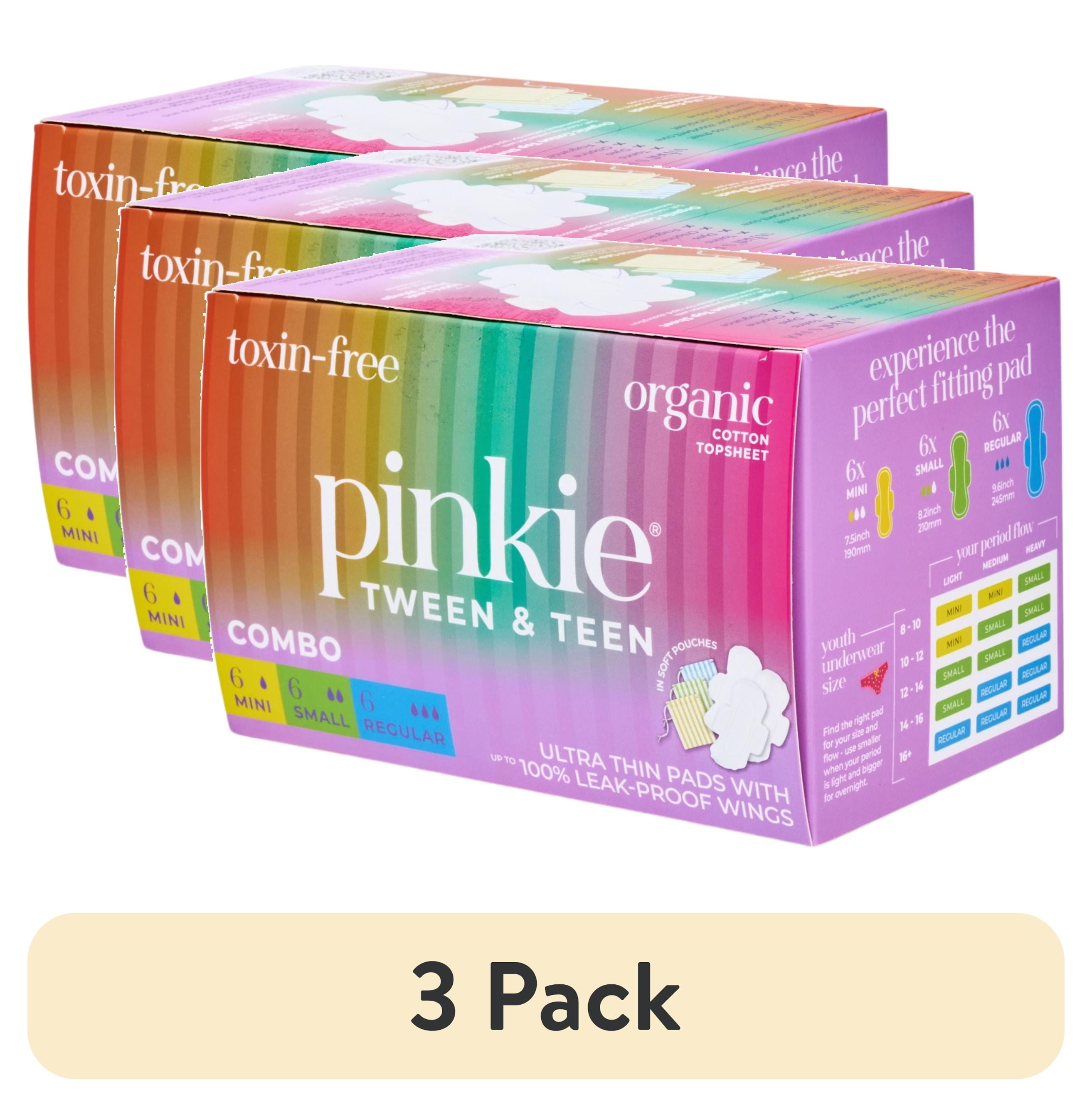 (3 pack) Pinkie Teen Pads, Combo Pack, 18 Count, Organic Cotton Ultra-Thin with Wings
