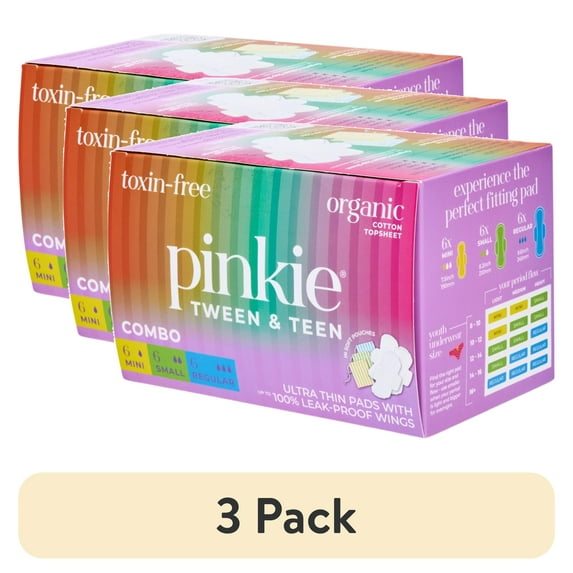 (3 pack) Pinkie Teen Pads, Combo Pack, 18 Count, Organic Cotton Ultra-Thin with Wings