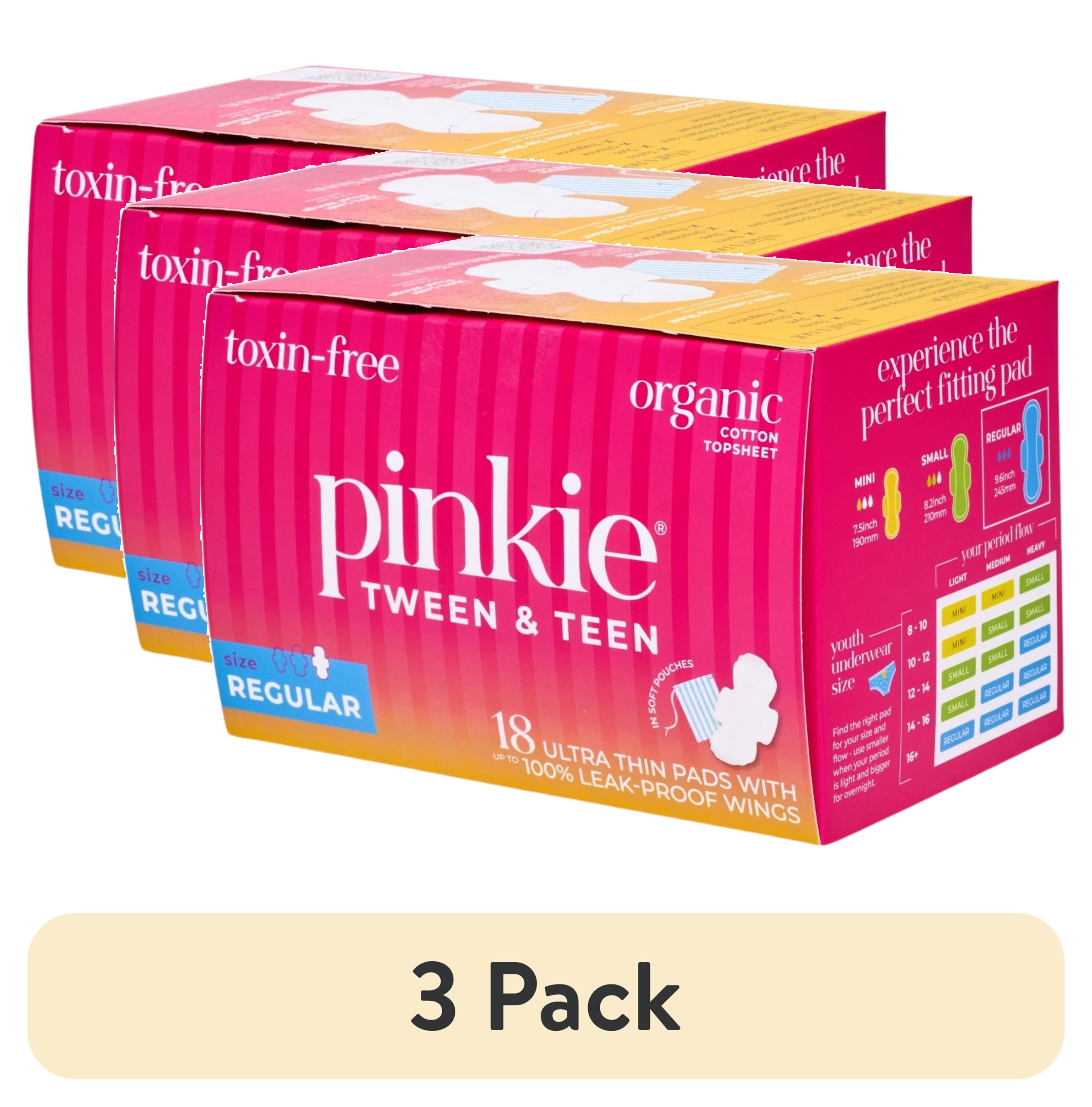 (3 pack) Pinkie Organic Cotton Teen Pads, Regular, 18 Count