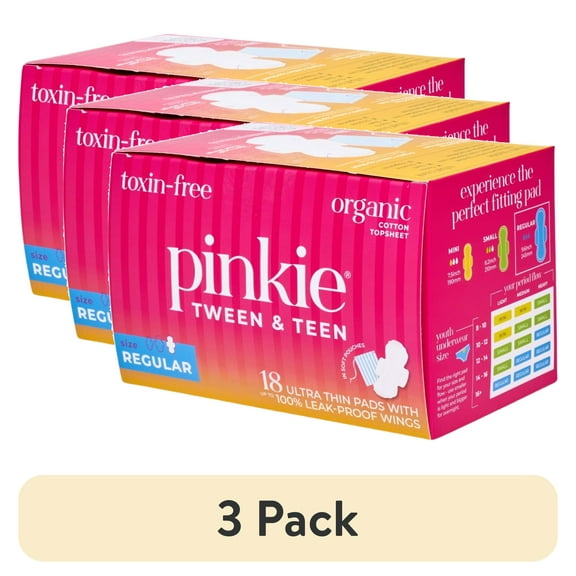 (3 pack) Pinkie Teen Pads, Organic Cotton, Regular (18 Count)