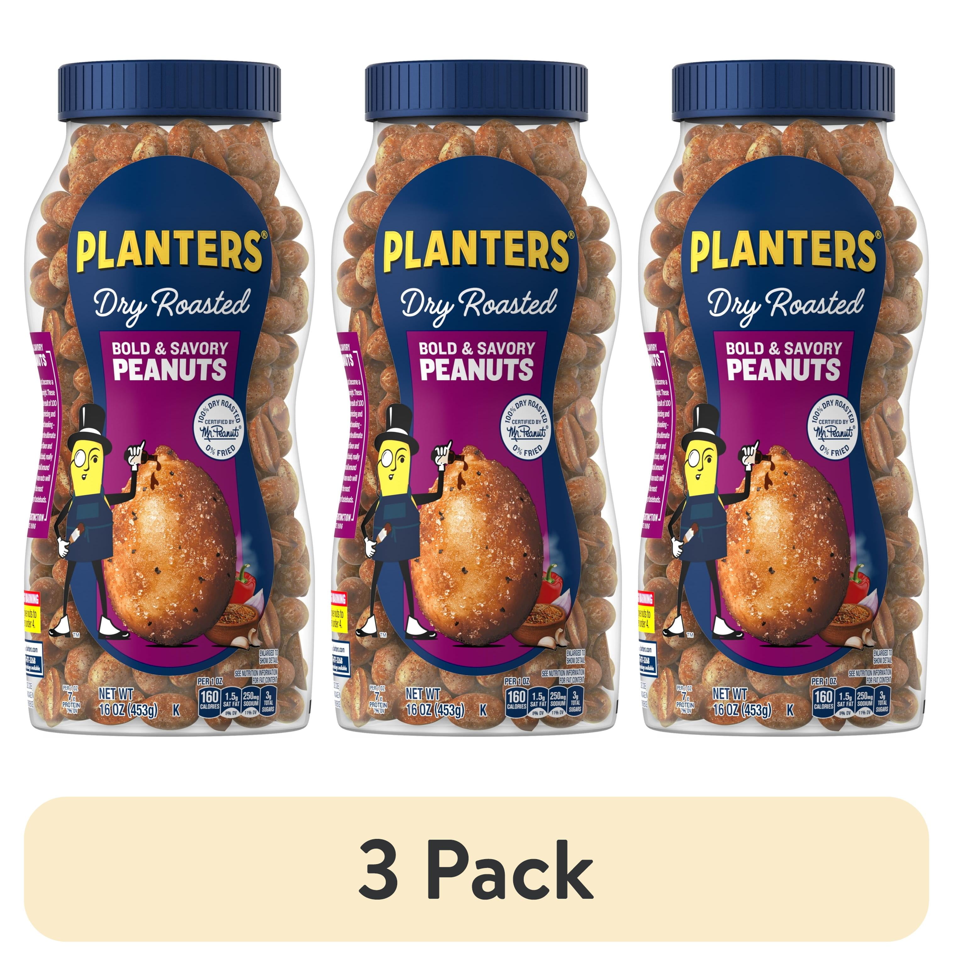 (3 pack) PLANTERS Dry Roasted Bold and Savory Peanuts, Party Snacks, Plant-Based Protein, 16 oz Jar