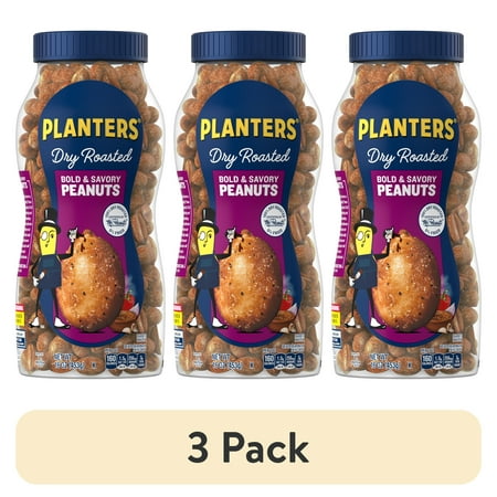 (3 pack) PLANTERS Dry Roasted Bold and Savory Peanuts, Party Snacks, Plant-Based Protein, 16 oz Jar
